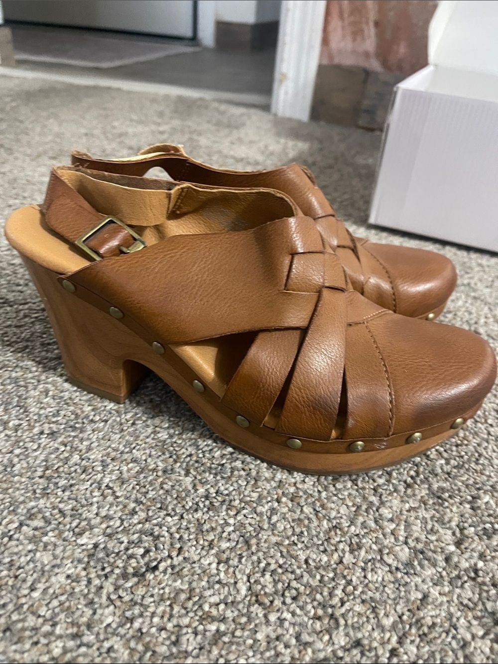 Kork-Ease Tan Brown Woven Leather Clog Heels